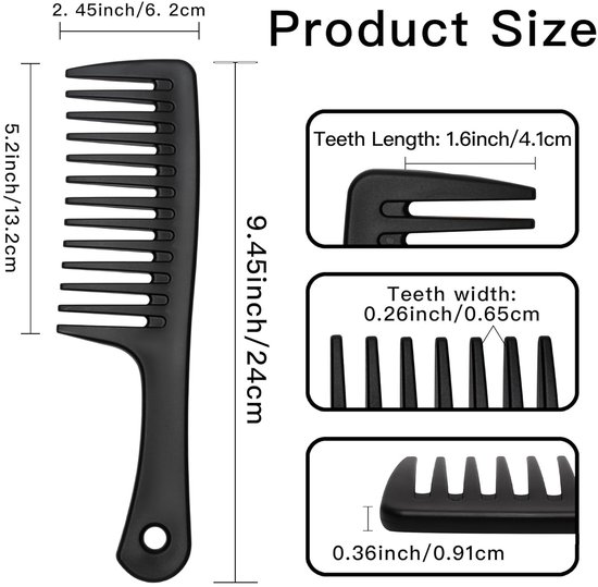 Afmetingen van een zwarte kam met brede tanden: 24 cm lang, 6,2 cm breed, tanden 4,1 cm lang.
