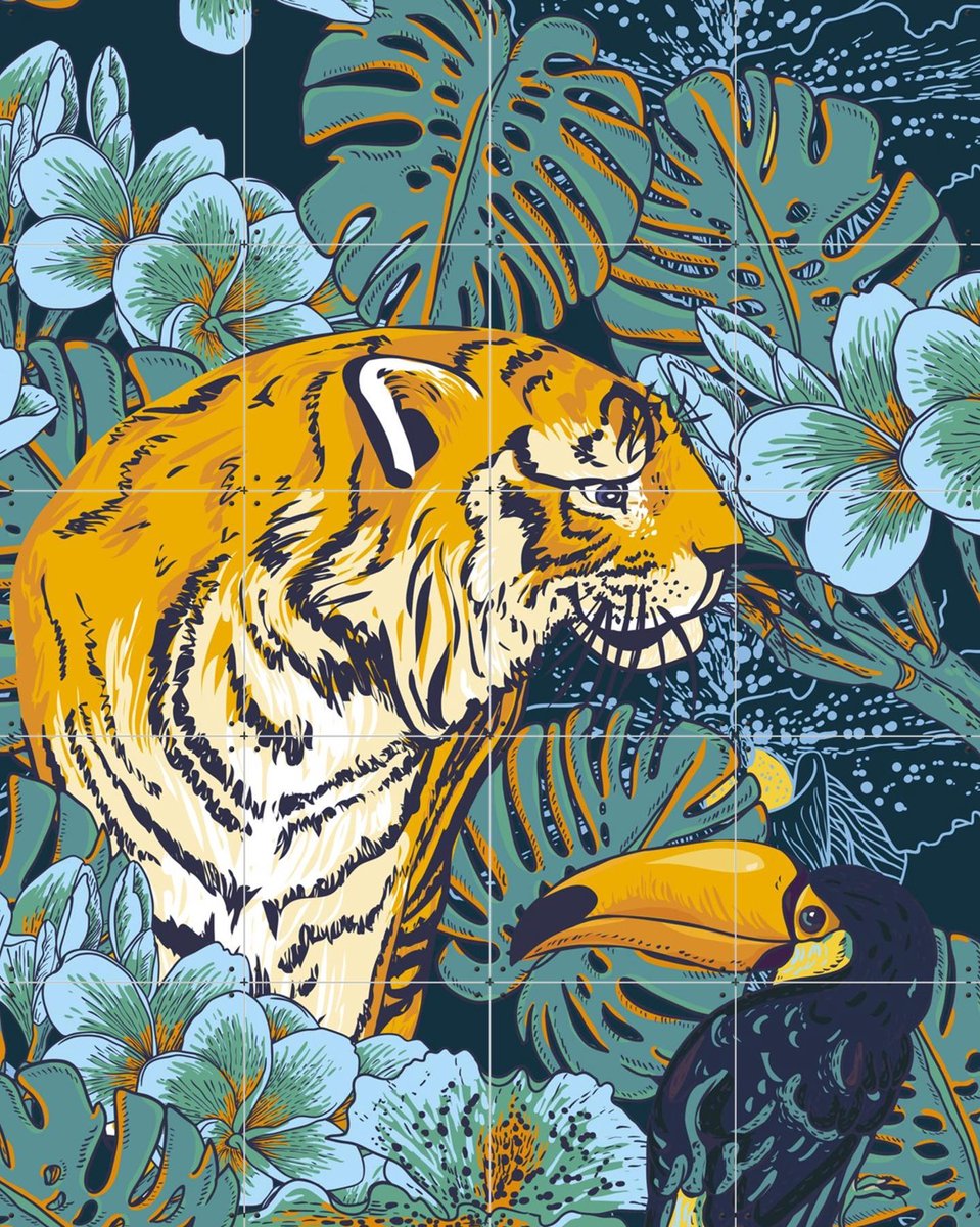 IXXI Tiger Jungle, Creative Lab Amsterdam - 80 x 100 cm - Gratis ophangtool - Grote wanddecoratie en posters - Illustraties, Speels, Kleurrijk