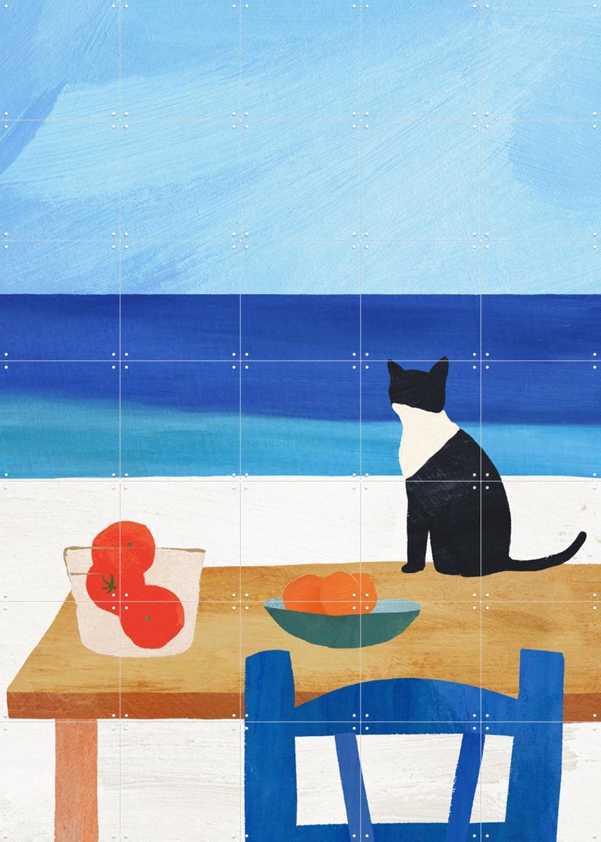 IXXI Cat at Lunch, Henry Rivers - 100 x 140 cm - Gratis ophangtool - Grote wanddecoratie en posters - Speels, Kleurrijk, Illustraties, Minimalisme