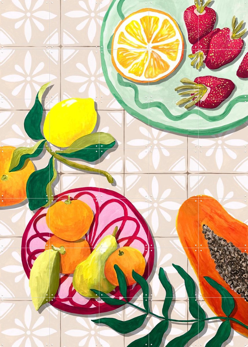 IXXI Fruta y Ceramica, Palmartprints - 100 x 140 cm - Gratis ophangtool - Grote wanddecoratie en posters - Illustraties, Kleurrijk, Speels, Woonkamer