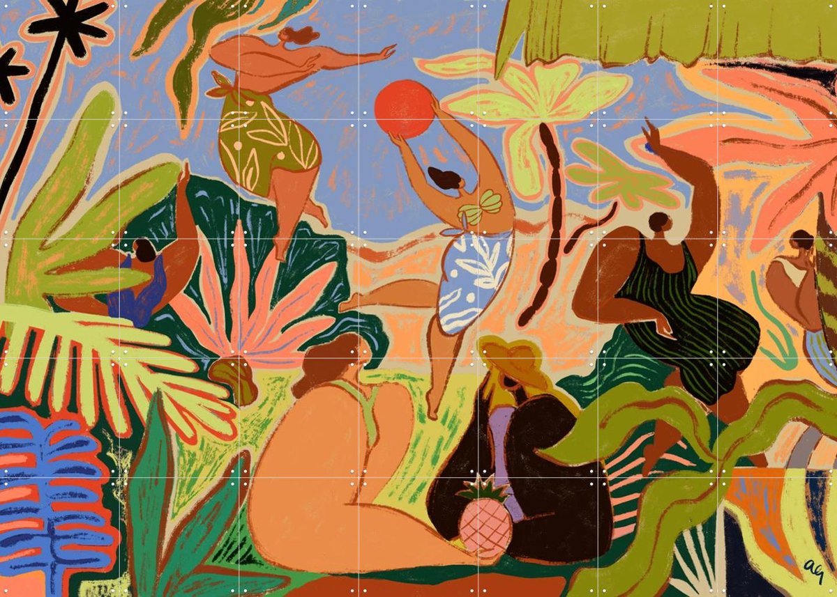 IXXI Midsummer in Motion, Arty Guava - 140 x 100 cm - Gratis ophangtool - Grote wanddecoratie en posters - Kleurrijk, Illustraties, Speels, Woonkamer