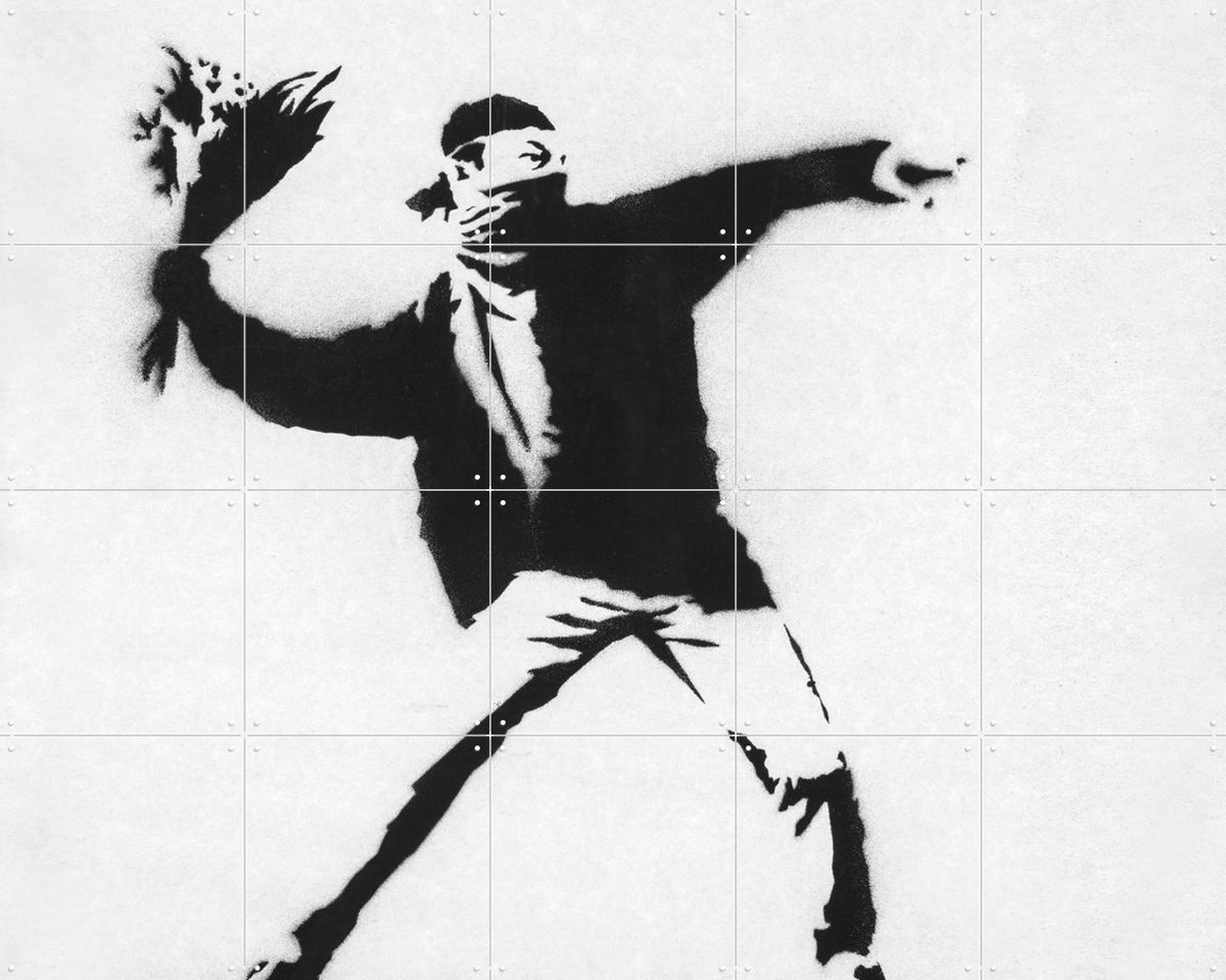 IXXI Love is in the Air white, Banksy - 100 x 80 cm - Gratis ophangtool - Grote wanddecoratie en posters - Pop art, Houtsnede, Street art