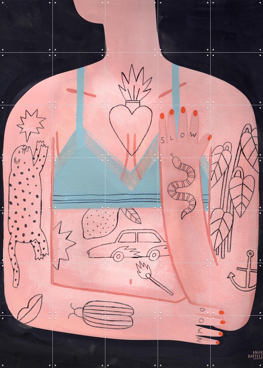 IXXI Tattoos Blue, Aniek Bartels - 100 x 140 cm - Gratis ophangtool - Grote wanddecoratie en posters - Line art, Speels, Illustraties, Woonkamer, Mode