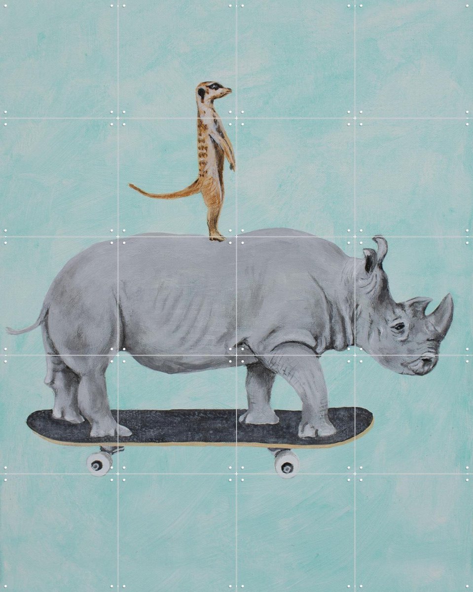 IXXI Rhinoceros and meerkat skateboarding, Coco de Paris - 80 x 100 cm - Gratis ophangtool - Grote wanddecoratie en posters - Illustraties
