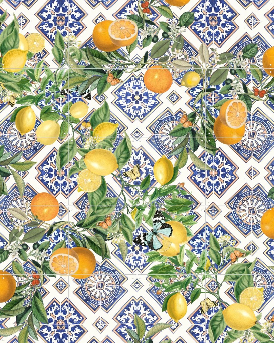 IXXI Mediterranean tiles lemons and oranges I, Bloomery Decor - 80 x 100 cm - Gratis ophangtool - Grote wanddecoratie en posters - Decoratieve