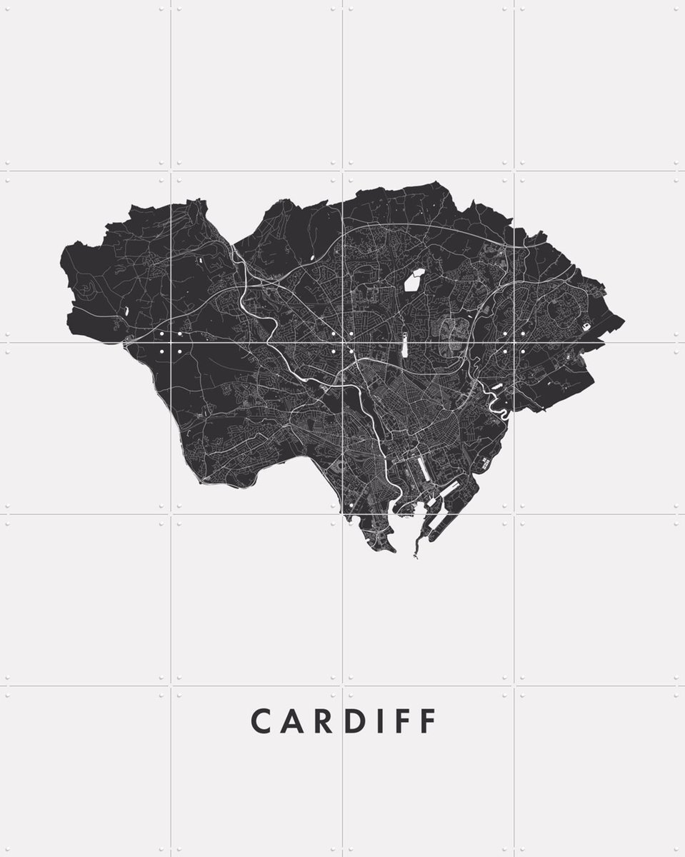 IXXI Cardiff City Map, Kunst in Kaart - 80 x 100 cm - Gratis ophangtool - Grote wanddecoratie en posters - Minimalisme, Technische Tekening, Grafisch