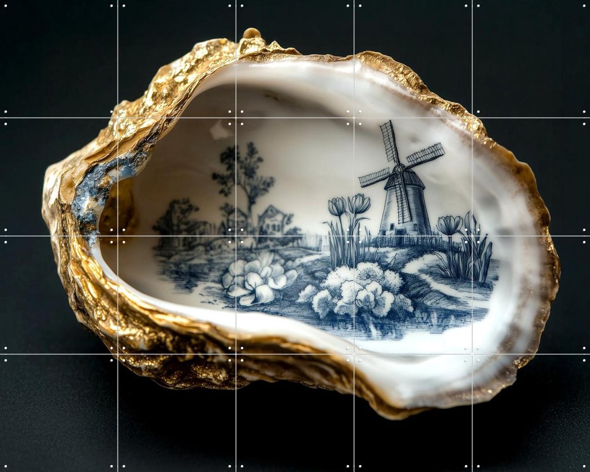 IXXI Delfts Blauwe Oester - Zwart, Margriet Hulsker - 100 x 80 cm - Gratis ophangtool - Grote wanddecoratie en posters - Klassiek, Realisme