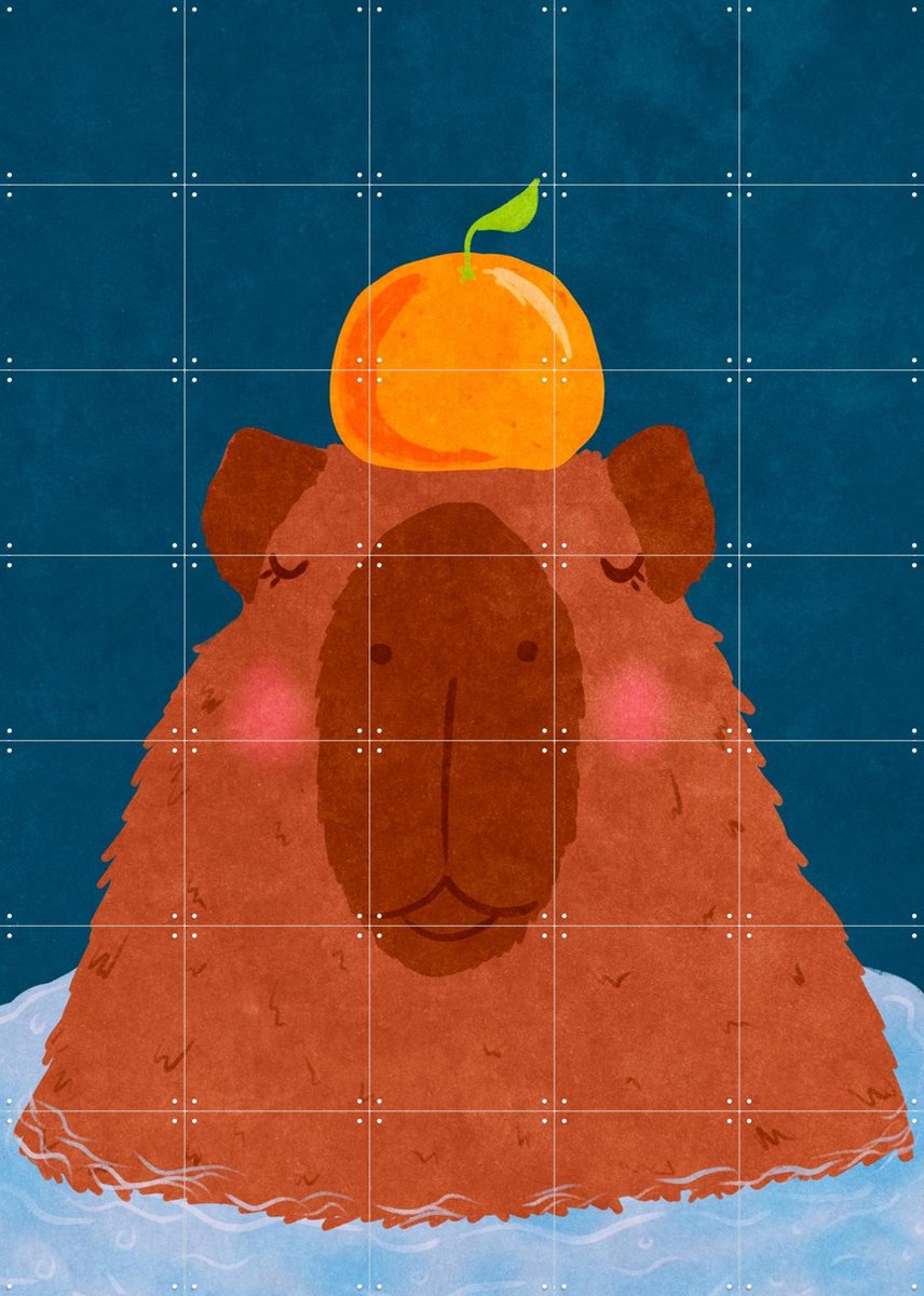 IXXI Capybara With Orange, Raissa Oltmanns - 100 x 140 cm - Gratis ophangtool - Grote wanddecoratie en posters - Cartoonesk, Kleurrijk, Speels