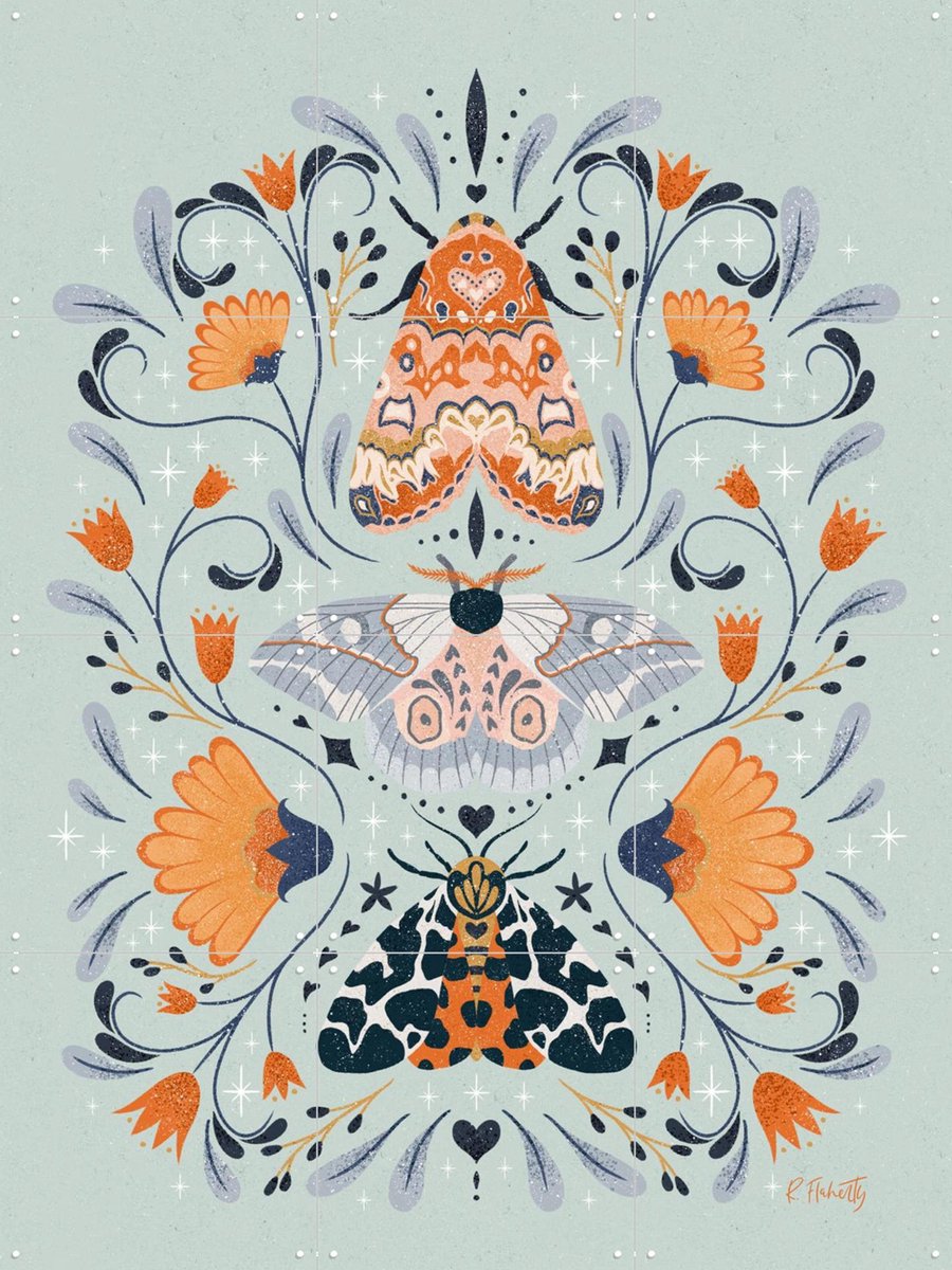 IXXI Floral Moths Mint, Rebecca Flaherty - 60 x 80 cm - Gratis ophangtool - Grote wanddecoratie en posters - Kleurrijk, Speels, Illustraties