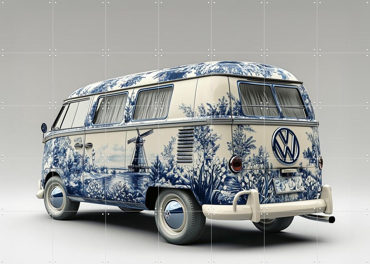 IXXI Delfts Blauwe VW Bus, Margriet Hulsker - 140 x 100 cm - Gratis ophangtool - Grote wanddecoratie en posters - Illustraties, Vintage, Studeerkamer