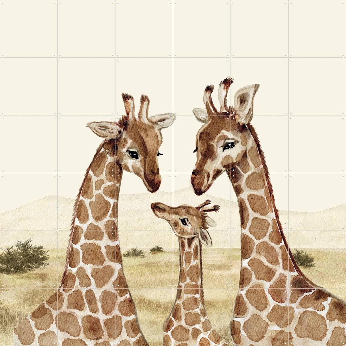 IXXI Giraffenfamilie, Irene Jelier - 120 x 120 cm - Gratis ophangtool - Grote wanddecoratie en posters - Speels, Aquarel, Illustraties, Kinderkamer