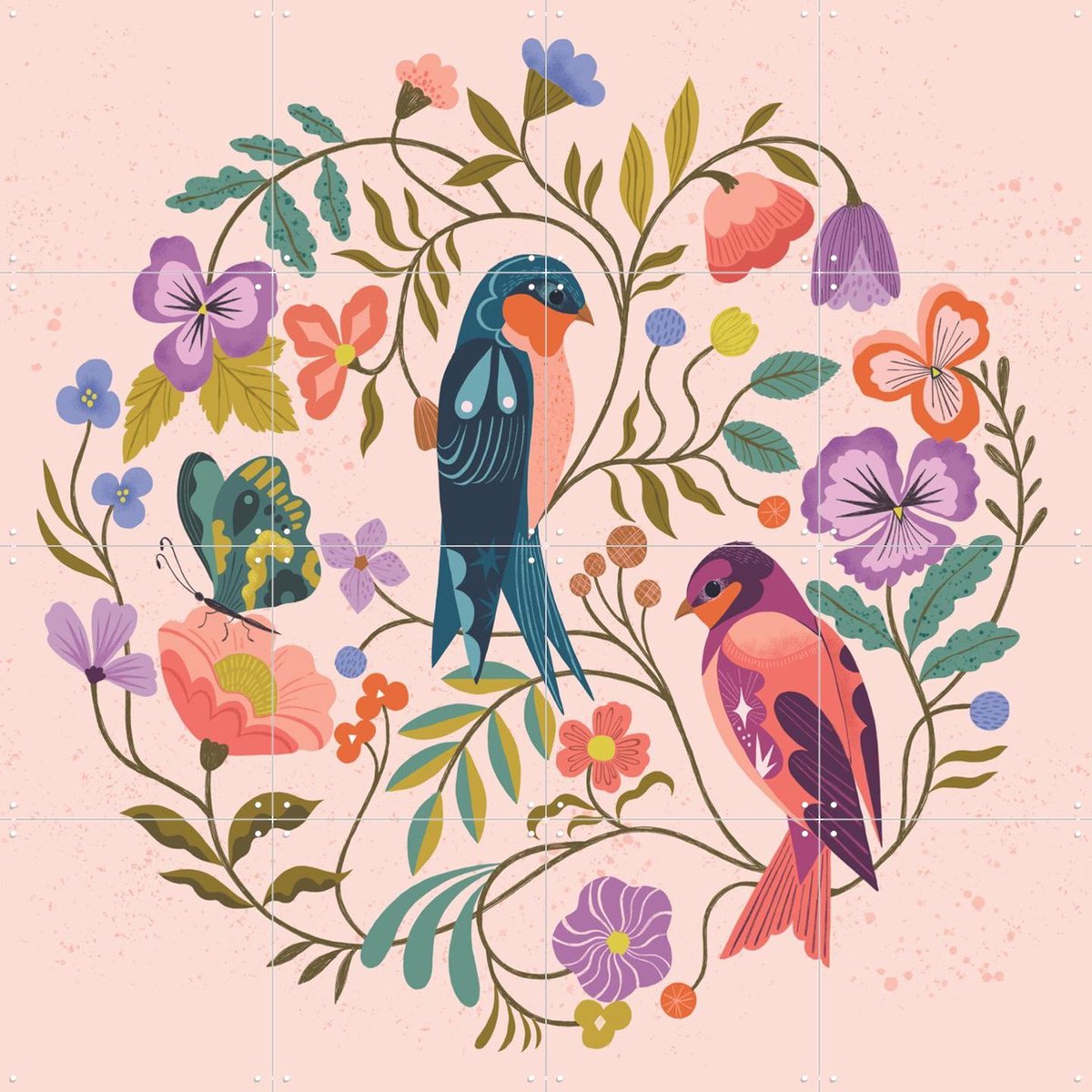 IXXI Swallow Birds, Bethan Janine - 80 x 80 cm - Gratis ophangtool - Grote wanddecoratie en posters - Fantasierijk, Kleurrijk, Illustraties