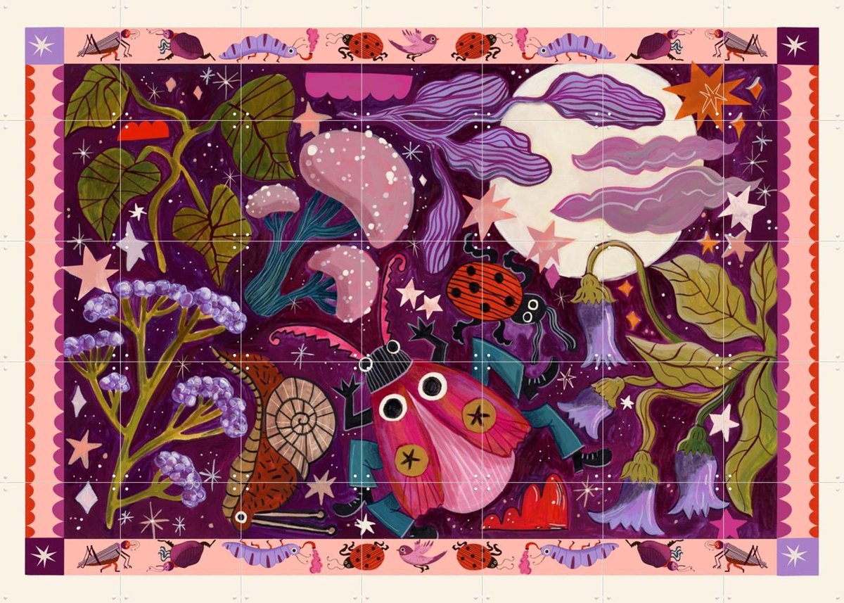 IXXI Moonlight Garden, Lena Addink - 140 x 100 cm - Gratis ophangtool - Grote wanddecoratie en posters - Gemengde Technieken, Speels, Cartoonesk