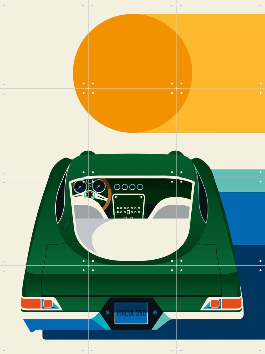 IXXI Green Vintage Car with Sun, Bo Lundberg - 60 x 80 cm - Gratis ophangtool - Grote wanddecoratie en posters - Vintage, Illustraties, Kleurrijk