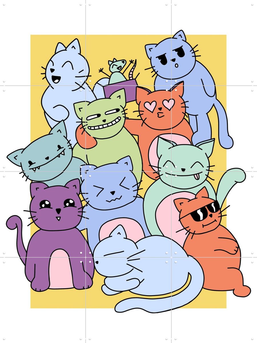 IXXI Cat Party, BAINAI - 60 x 80 cm - Gratis ophangtool - Grote wanddecoratie en posters Kinderkamer, Kinderen, Dieren