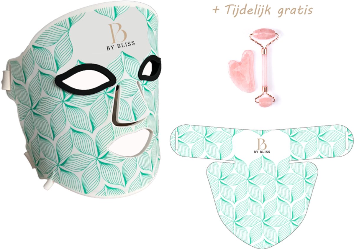 BY BLISS® - Led gezichtsmasker met nek - 8 kleuren - Tijdelijk GRATIS Gua Sha en Jade Roller - Led Masker - Red Light Face Mask - Huidverjongingsapparaat - Led masker huidverzorging - Red light face therapy - Skincare - Pigmentvlekken verwijderen
