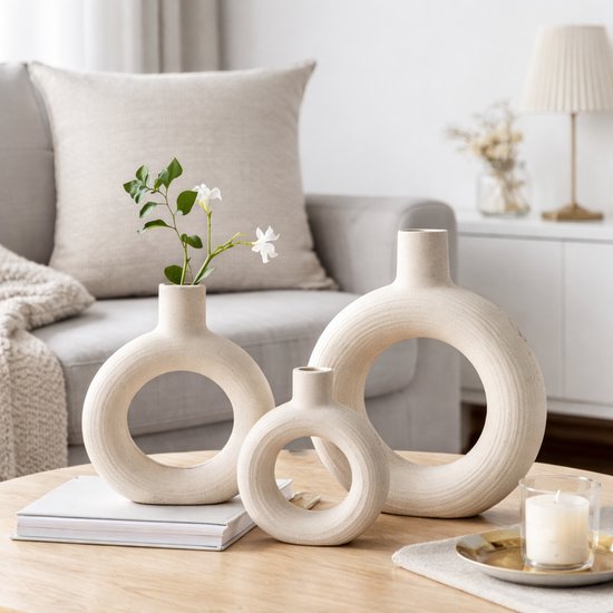 Zwarte keramische vaas, set van 2 voor moderne woondecoratie, ronde matte donutvazen voor pampasgras, neutrale boho-Scandinavische minimalistische stijl bloemenvazen voor woonkamer, bruiloft Zwarte keramische vaas, set van 2 voor moderne woondecoratie, ronde matte donutvazen voor pampasgras, neutrale boho-Scandinavische minimalistische stijl bloemenvazen voor woonkamer, bruiloft