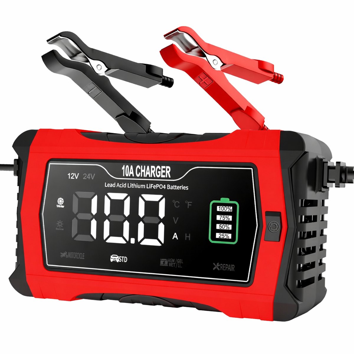 Auto acculader 12V / 24V 10A – Druppel- en Snellader met LCD Display – Reparatiemodus – Voor Auto, Motor & Boot – Geschikt voor AGM & Loodaccu’s