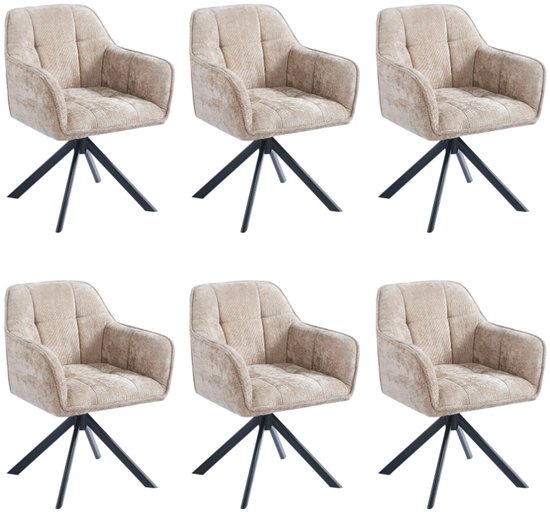 Ensemble de six chaises de salle à manger taupe sable avec tissu tissé, capitonnée et piètement pivotant noir.
