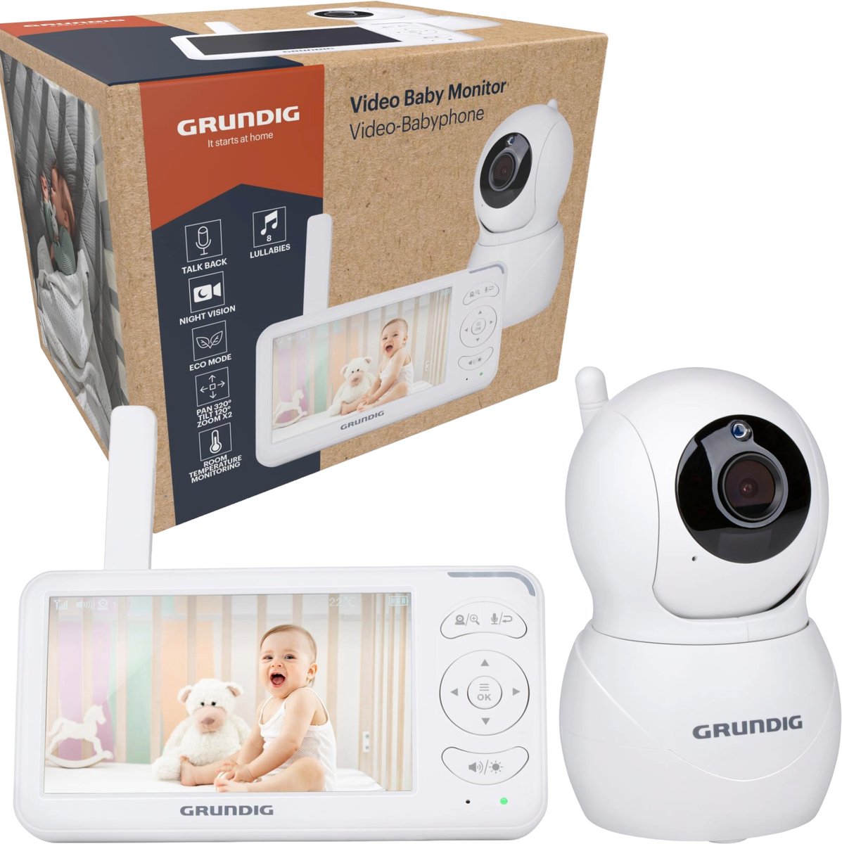 Grundig Video Babyfoon met Camera - Baby Monitor met 5-inch Kleurenscherm - Babyphone met Nachtzicht, Temperatuurweergave en Terugspreekfunctie - Wit thumbnail 2