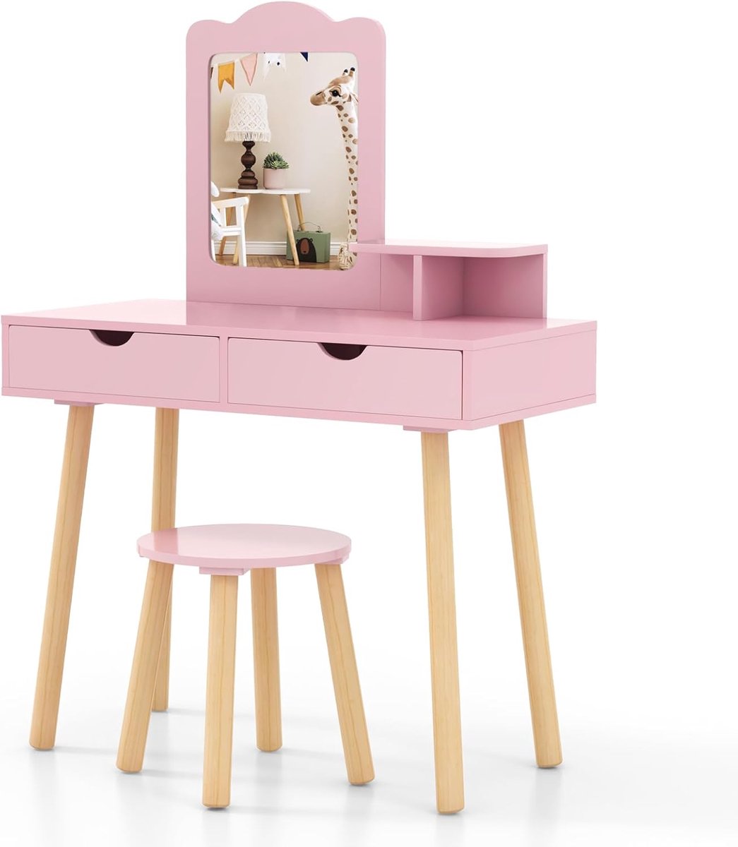 KOMFOTTEU Kindermeisjeskaptafel 3-7 jaar, 2-in-1 houten kaptafel met afneembare spiegel en kruk, make-uptafel en bureau met 2 lades, opbergplank