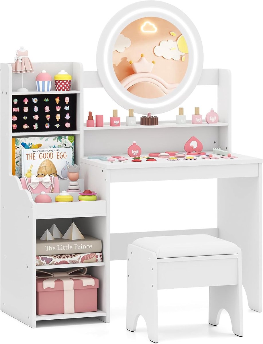 KOMFOTTEU Kinderschminktisch met LED-spiegel & beklede kruk, kaptafel van hout met ringsleuven, plank & open vakken, prinsessen-kaptafel voor meisjes vanaf 3 jaar