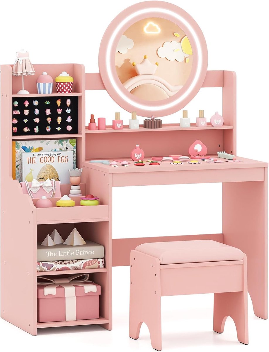 KOMFOTTEU Kinderschminktisch met LED-spiegel & beklede kruk, kaptafel van hout met ringsleuven, plank & open vakken, prinsessen-kaptafel voor meisjes vanaf 3 jaar