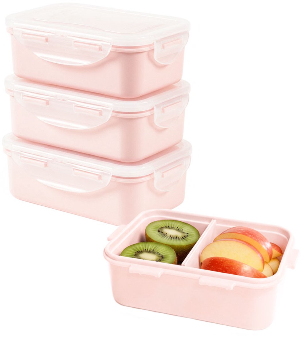 Lock&Lock Snackdoosjes - Bentobox - Snackbox - Met Vakjes - Set 4 stuks - 460 ml - Lekvrij - BPA vrij - PFAS vrij - Snackbakjes - Fruitbakje school - Vershoudbakjes set met deksel - Diepvriesbakjes - Volwassenen en Kinderen - Roze