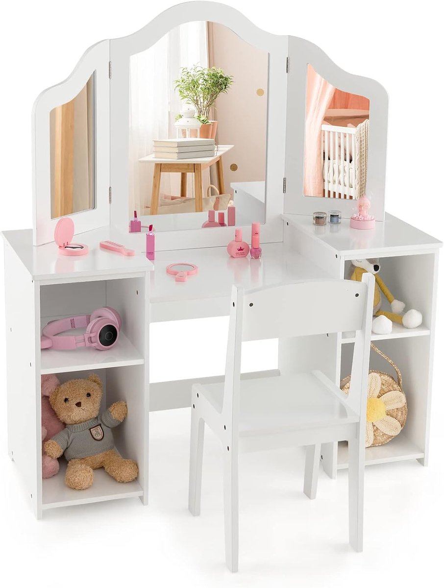 KOMFOTTEU Make-uptafel voor kinderen vanaf 3 jaar, met stoel, kaptafel met afneembare spiegel, houten make-uptafel