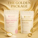 Twee beige zakken, "Zuvéra Collagen" en "Zuvéra Colostrum", naast elkaar op een gouden achtergrond. Goudkleurige lepels met poeder zijn zichtbaar.