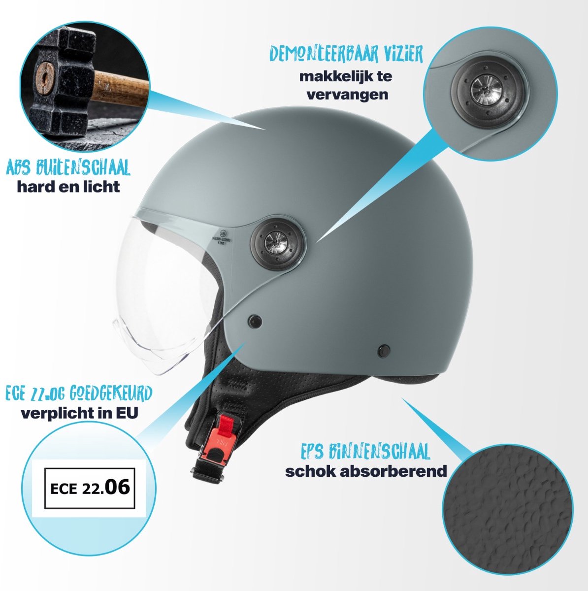 VINZ Duoro Scooterhelm - ECE 22.06 Gekeurde Jethelm voor Motor, Brommer & Snorfiets - Licht Gewicht - Grijs - L – foto 3