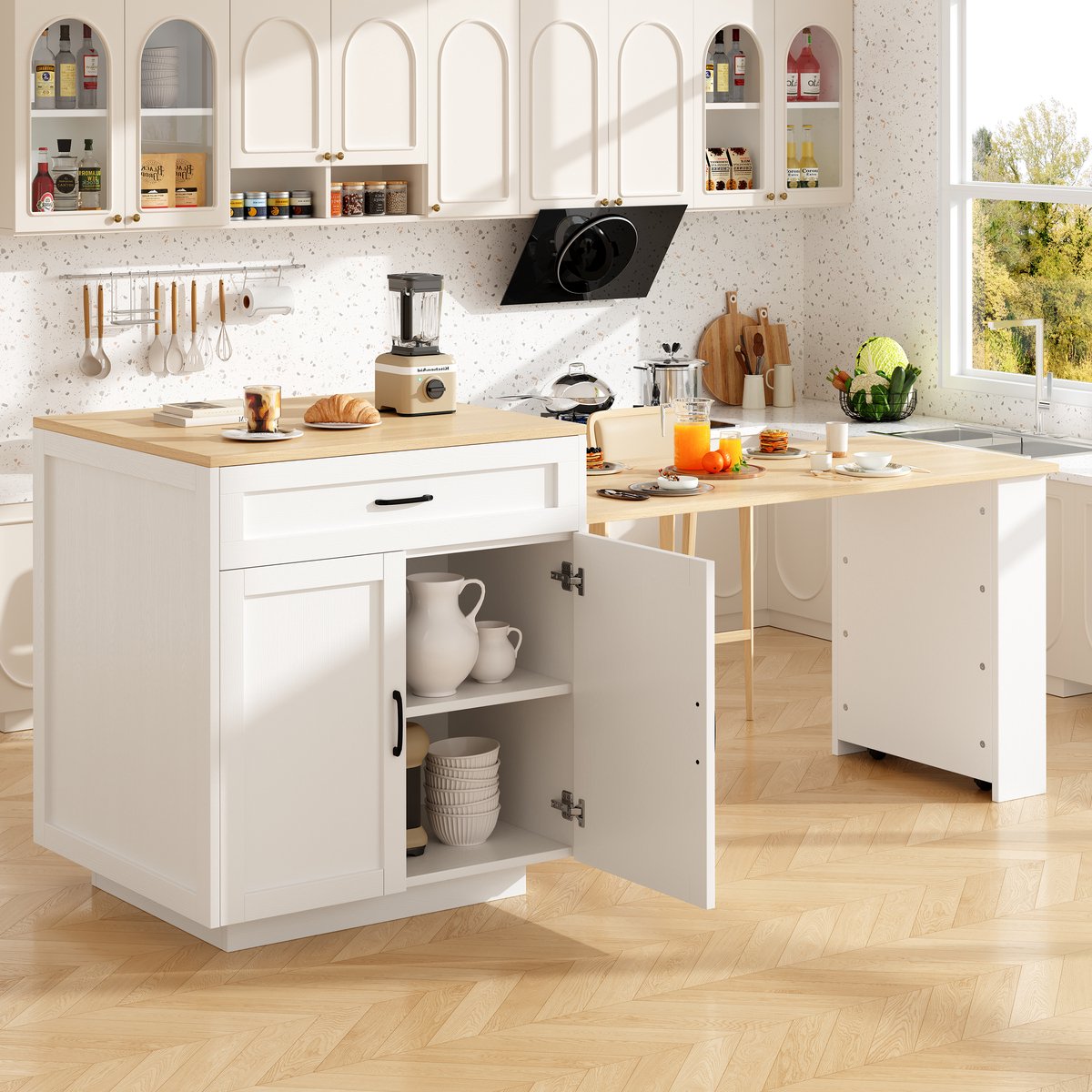 OKWISH Keukenbar En Keukeneiland - Uitschuifbaar Met Opbergruimte - Voor 2 Tot 6 Personen - MDF Wit - 133-202×70×93,5 Cm