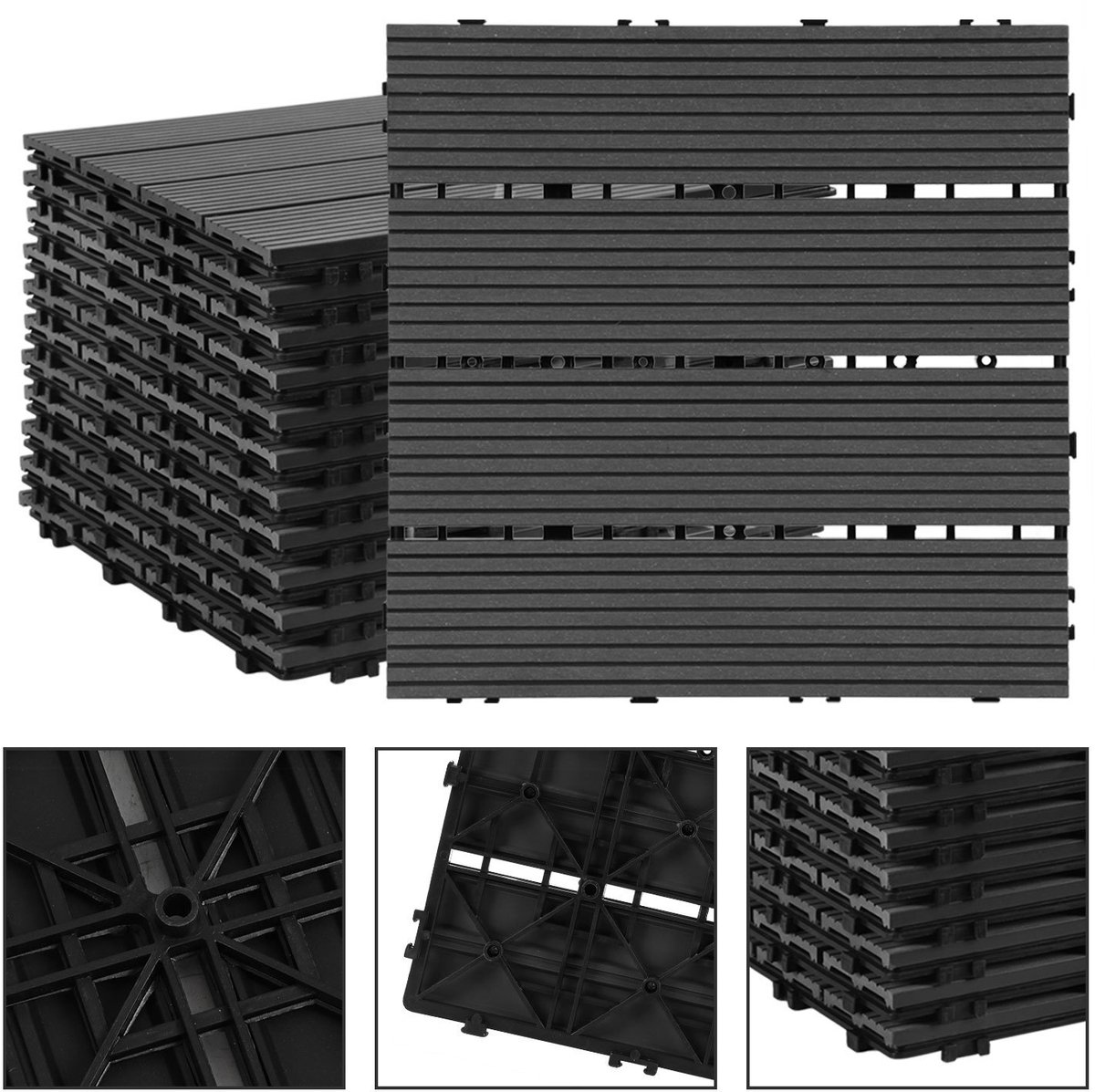 110x WPC Terrastegels met drainagestructuur, klik systeem voor balkon en tuin Rookgrijs 30x30cm