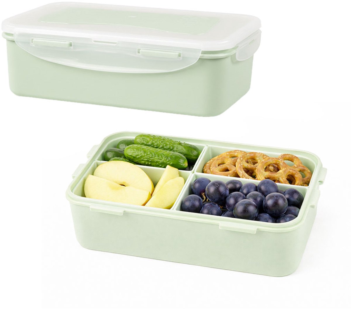 Lock&Lock Lunchbox - Snackdoosjes - Bentobox - Snackbox - Met Vakjes - 1,6 liter - Set 2 stuks - Lekvrij - BPA vrij - PFAS vrij - Snackbakjes - Fruitbakje school - Broodtrommel - Vershoudbakjes - Diepvriesbakjes - Volwassen en Kinderen - Groen