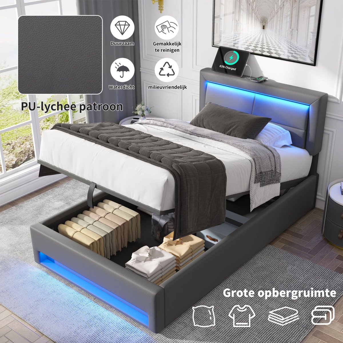 OKWISH Gestoffeerd Bed 140x200cm – Met Usb Oplaadpunt En Led Verlichting – Met Opbergruimte – Zonder Matras – Pu – Zwart