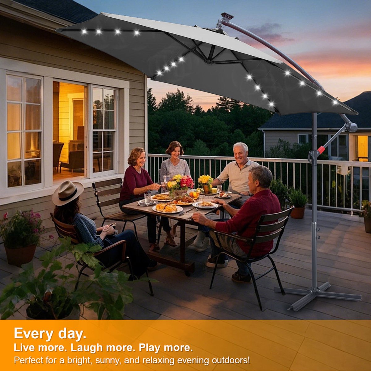 Zweefparasols - 350CM - Solar LED Verlichting 32x Wit - UV 50+ bescherming (blokkeert 98% UV) - Multi-angle Kantelbaar & Draaibaar - Windbestendig frame 8 Ribben - Incl. Kruisvoet - Waterafstotend doek Grijs – foto 6