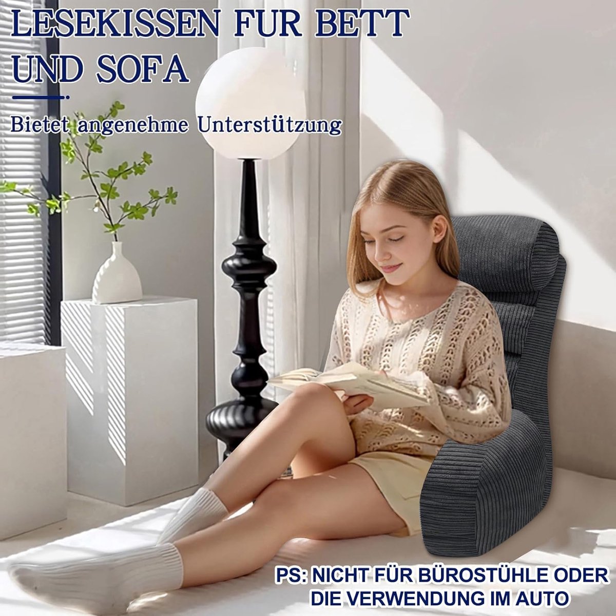 Leeskussen met rugleuning Pauwhome ComfortBack 65 x 30 cm – ergonomisch rugkussen voor bed, bank of vloer – traagschuim, verstelbare vulling, armondersteuning, antraciet
