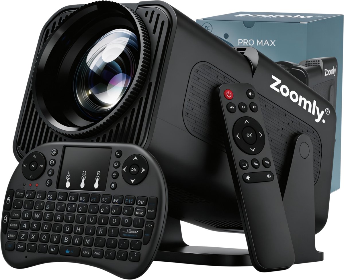 Zoomly® Pro Beamer - Projector - Mini Beamer - Full HD - Ondersteund 4k - Home Cinema - Android 12.0 - WiFi 6 & Bluetooth 5.2 - 200 ANSI - Wit