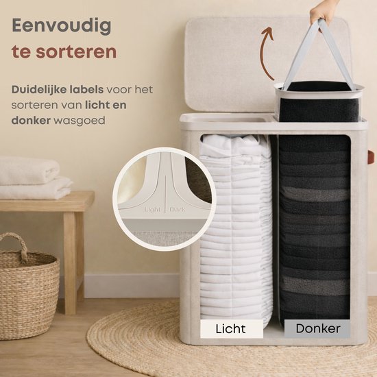 Panier à linge ACAZA avec couvercle - 2 compartiments - 170 L - 56 x 40 x 75 cm - Beige