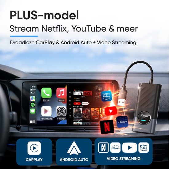 PLUS-model: Draadloze CarPlay & Android Auto. Stream Netflix, YouTube en meer. Gekoppeld aan auto-scherm.