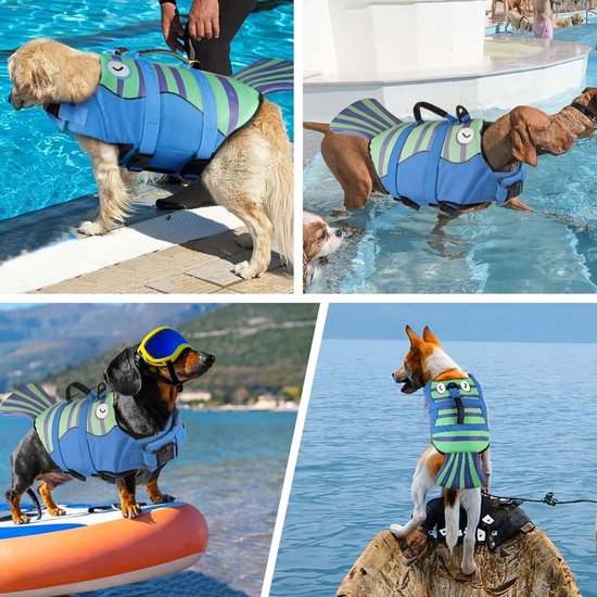 Collage van honden in blauwe visvormige zwemvesten in en rond het water, zwemmend, op een SUP en op een boot.