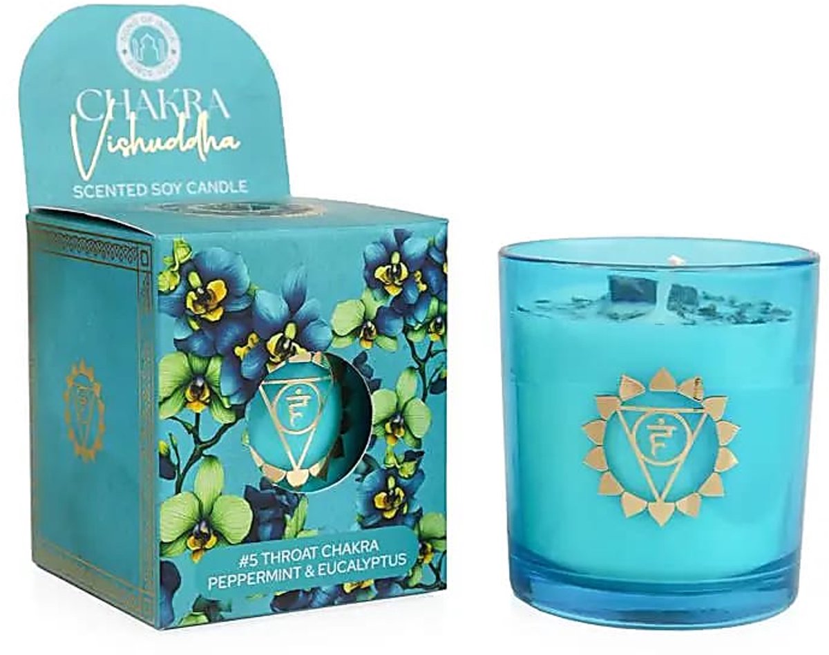 Phoenix Import Mani Bhadra Soja geurkaars Vishuddha chakra pepermunt & eucalyptus – Ø7 cm x 8 cm blauw