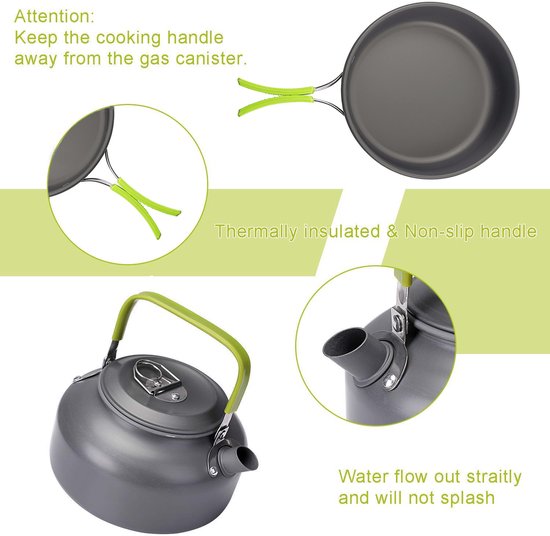 15-delige Camping Kookset - Anti-Aanbak Pannen en Kookgerei - Inclusief Bestek, Bekers en Borden - Lichtgewicht voor Backpacken, Outdoor en Picknick - 1 Set — afbeelding 2