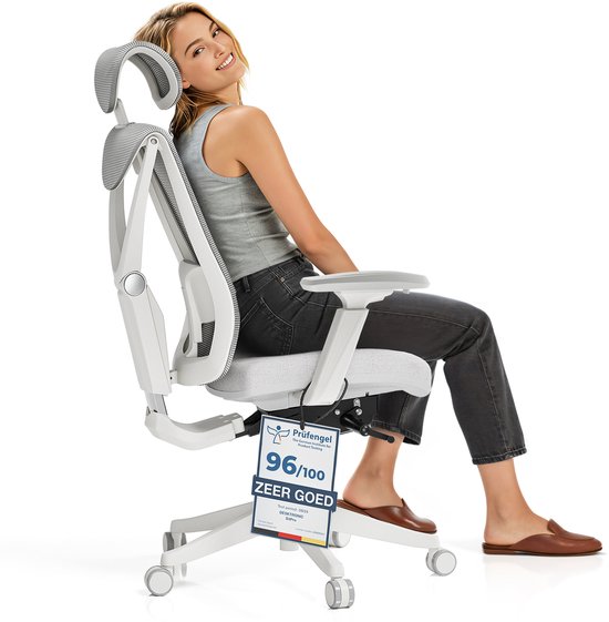 Desktronic SitPro Ergonomische Bureaustoel - Bureaustoelen voor volwassenen - Bureau stoel voor kantoor, gaming - 5D lendensteunsysteem - Armleuningen 4D - Rugleuning 90° tot 135° - heeft BIFMA en .IGR ergonomiecertificering - Grijs