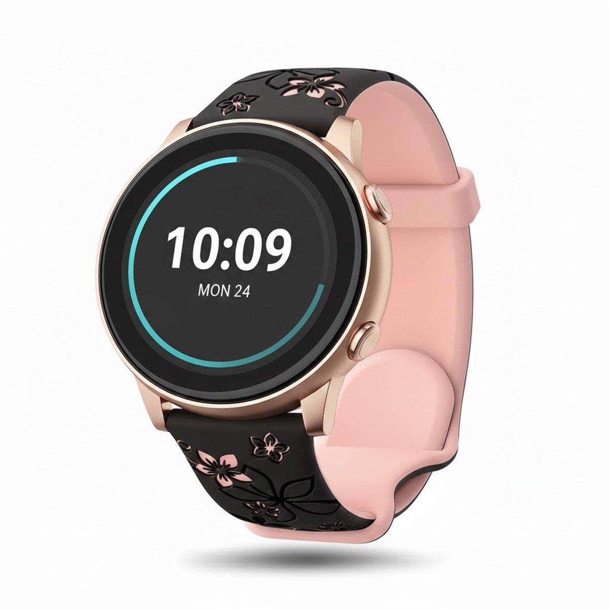 Zwart roze silicone horloge band dames geschikt voor 22mm Geschikt voor serie samsung galaxy watch 3 (45 mm) / Galaxy Watch 46 mm horloge – bloemen patroon horlogeband – two tone floral engraved design