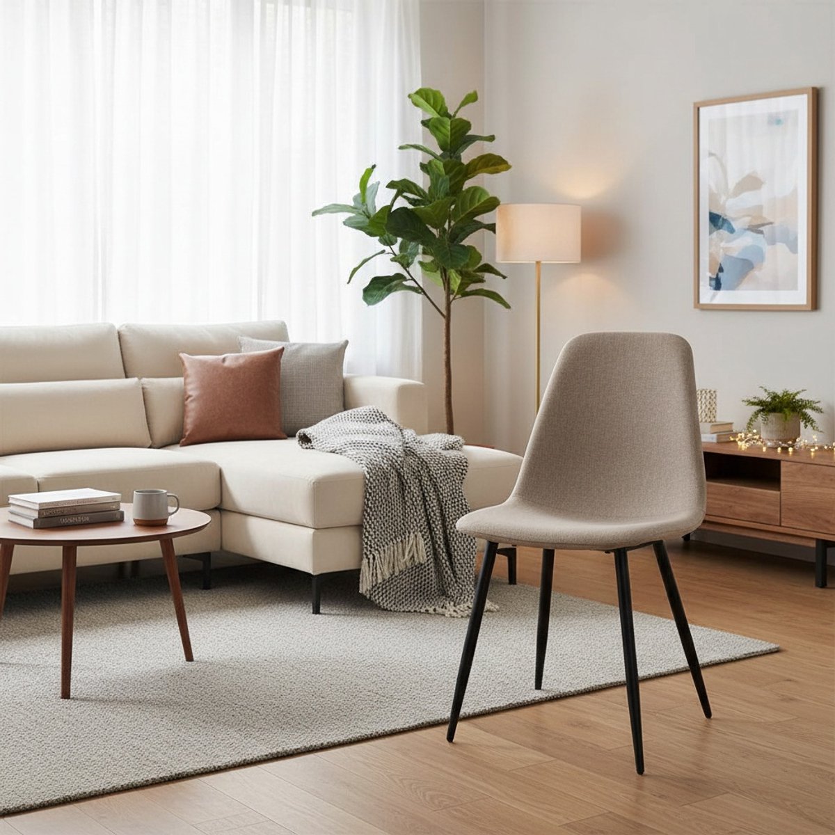 KOMHTOM BLACKCOLORS Minimalistische eetkamerstoelen van stof en metaal - beige/lichtbeige | Set van 2 Wit