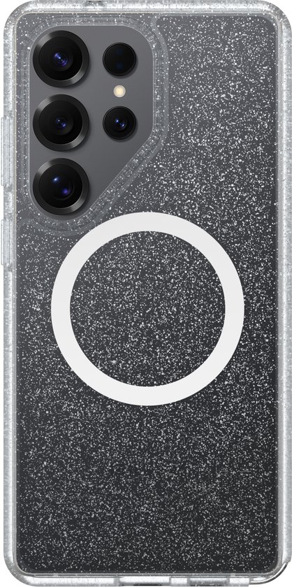 Transparante OtterBox React hoes met zilveren glitter en MagSafe-ring, voorzijde van Samsung Galaxy S26 Ultra.