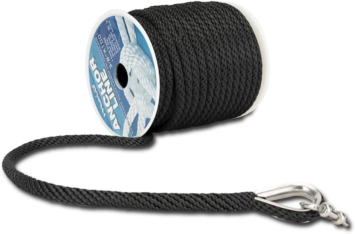 Gevlochten Anker Lijn 3/8 Inch - 100FT of 150FT Duurzaam Multifilament Touw met RVS Vingerhoed