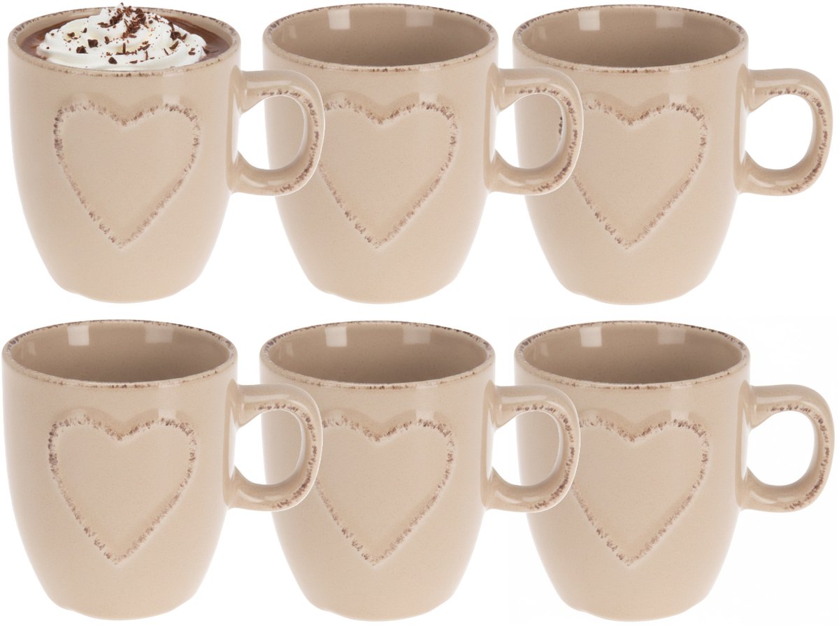 Siaki Koffiemokken set Heart - 6x - beige - 150 ml - mokken - met tekst - keramiek - giftset