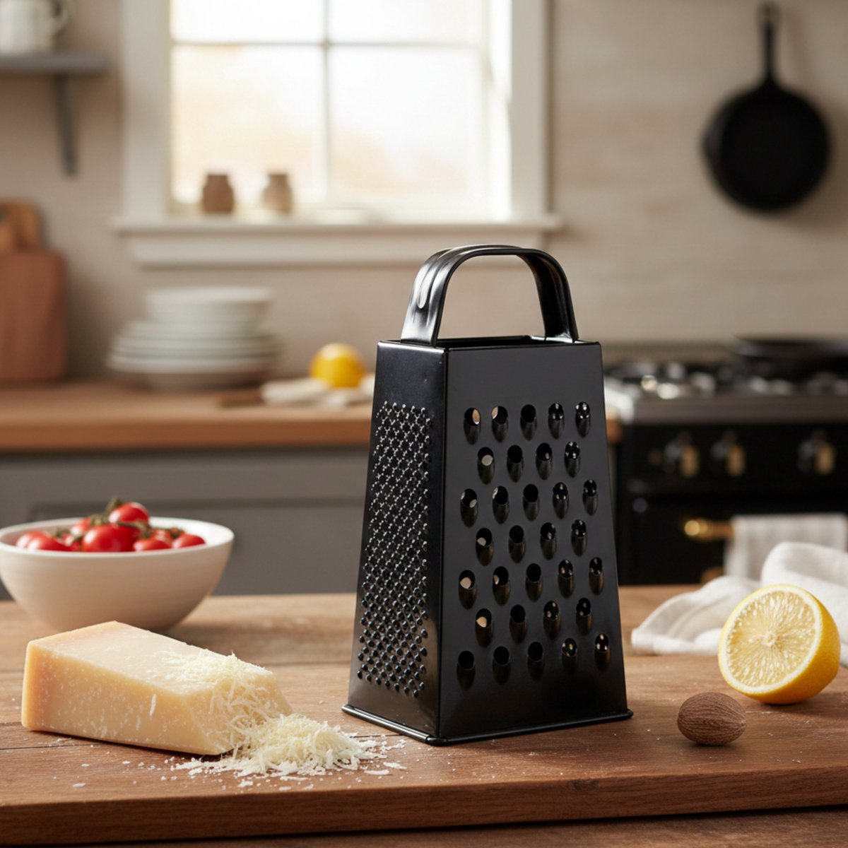 Gerimport Keuken rasp / kaasrasp - 18 cm - 4-zijdig - zwart - RVS - handrasp